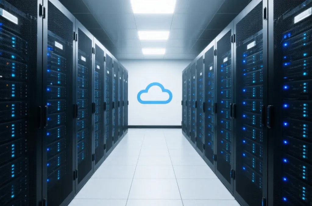 Modern server racks with cooling blue lights representing reliable web streaming infrastructure