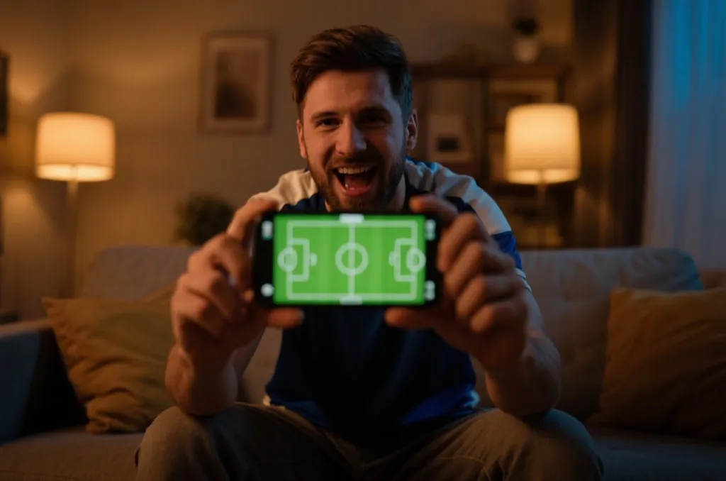 A passionate sports fan sitting in a cozy living room, holding a smartphone showing soccer tactics